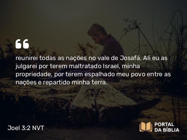 Joel 3:2 NVT - reunirei todas as nações no vale de Josafá. Ali eu as julgarei por terem maltratado Israel, minha propriedade, por terem espalhado meu povo entre as nações e repartido minha terra.