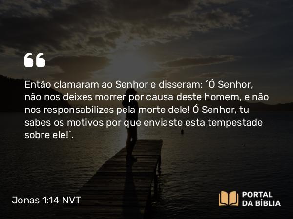 Jonas 1:14 NVT - Então clamaram ao SENHOR e disseram: “Ó SENHOR, não nos deixes morrer por causa deste homem, e não nos responsabilizes pela morte dele! Ó SENHOR, tu sabes os motivos por que enviaste esta tempestade sobre ele!”.