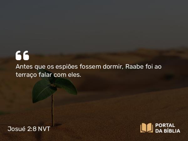 Josué 2:8 NVT - Antes que os espiões fossem dormir, Raabe foi ao terraço falar com eles.