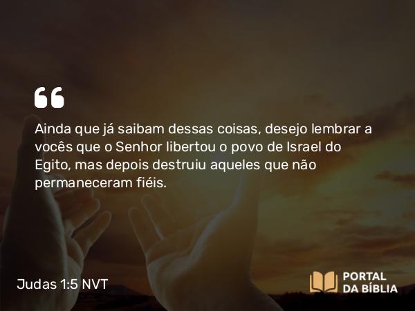 Judas 1:5 NVT - Ainda que já saibam dessas coisas, desejo lembrar a vocês que o Senhor libertou o povo de Israel do Egito, mas depois destruiu aqueles que não permaneceram fiéis.