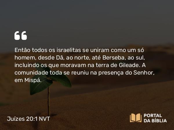 Juízes 20:1 NVT - Então todos os israelitas se uniram como um só homem, desde Dã, ao norte, até Berseba, ao sul, incluindo os que moravam na terra de Gileade. A comunidade toda se reuniu na presença do SENHOR, em Mispá.