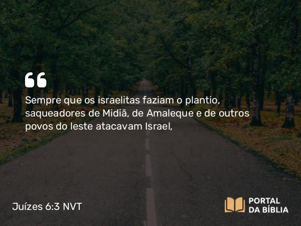 Juízes 6:3 NVT - Sempre que os israelitas faziam o plantio, saqueadores de Midiã, de Amaleque e de outros povos do leste atacavam Israel,