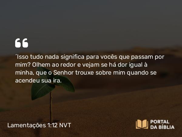 Lamentações 1:12 NVT - “Isso tudo nada significa para vocês que passam por mim? Olhem ao redor e vejam se há dor igual à minha, que o SENHOR trouxe sobre mim quando se acendeu sua ira.