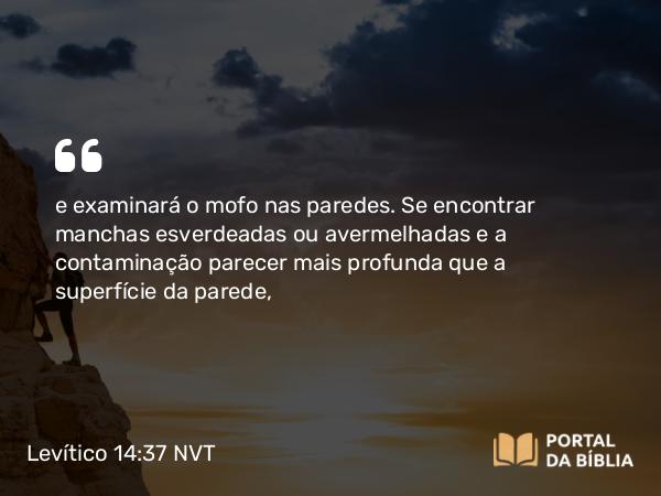 Levítico 14:37 NVT - e examinará o mofo nas paredes. Se encontrar manchas esverdeadas ou avermelhadas e a contaminação parecer mais profunda que a superfície da parede,