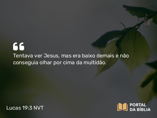 Lucas 19:3 NVT - Tentava ver Jesus, mas era baixo demais e não conseguia olhar por cima da multidão.