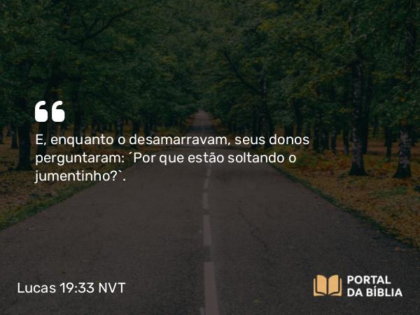 Lucas 19:33 NVT - E, enquanto o desamarravam, seus donos perguntaram: “Por que estão soltando o jumentinho?”.