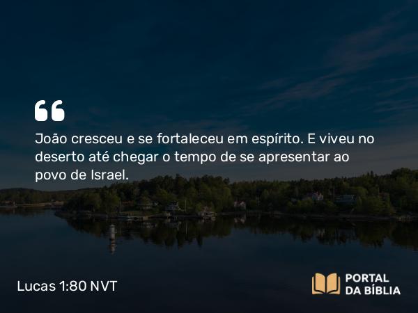 Lucas 1:80 NVT - João cresceu e se fortaleceu em espírito. E viveu no deserto até chegar o tempo de se apresentar ao povo de Israel.