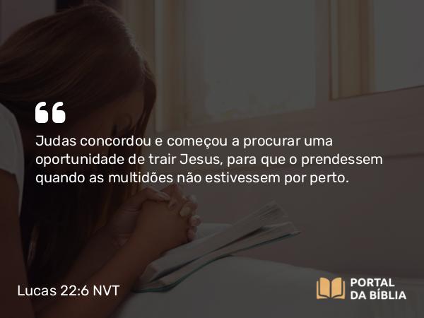 Lucas 22:6 NVT - Judas concordou e começou a procurar uma oportunidade de trair Jesus, para que o prendessem quando as multidões não estivessem por perto.