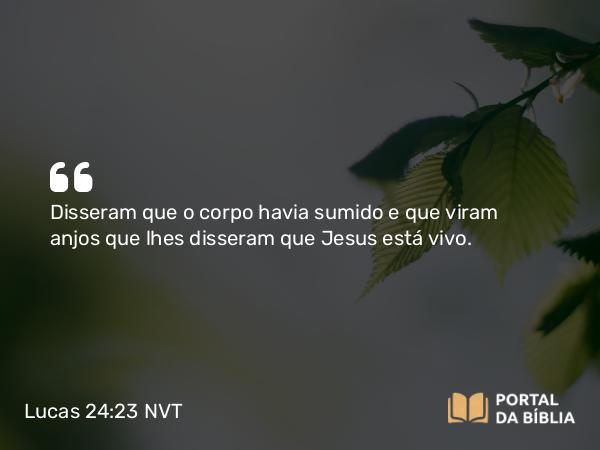 Lucas 24:23 NVT - Disseram que o corpo havia sumido e que viram anjos que lhes disseram que Jesus está vivo.