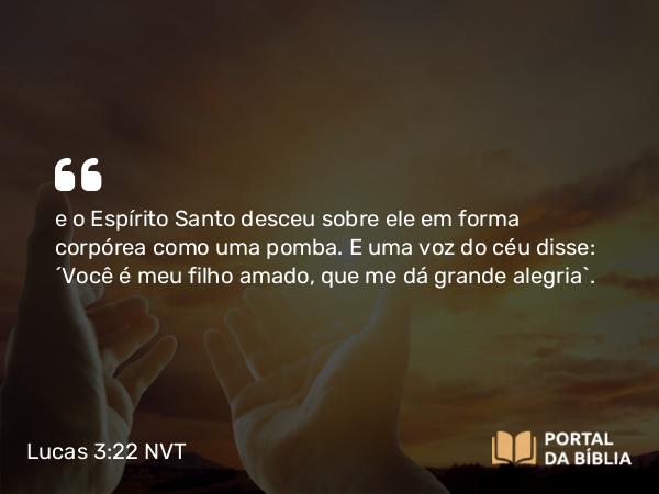 Lucas 3:22 NVT - e o Espírito Santo desceu sobre ele em forma corpórea como uma pomba. E uma voz do céu disse: “Você é meu filho amado, que me dá grande alegria”.