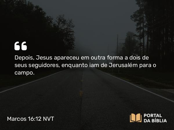 Marcos 16:12 NVT - Depois, Jesus apareceu em outra forma a dois de seus seguidores, enquanto iam de Jerusalém para o campo.