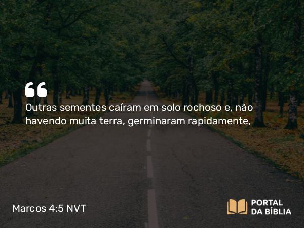 Marcos 4:5 NVT - Outras sementes caíram em solo rochoso e, não havendo muita terra, germinaram rapidamente,