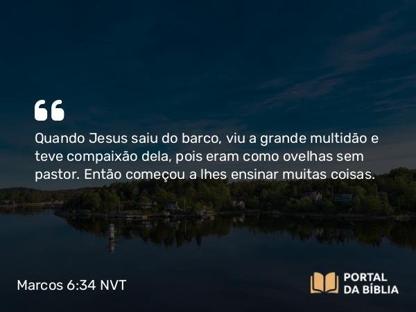 Marcos 6:34 NVT - Quando Jesus saiu do barco, viu a grande multidão e teve compaixão dela, pois eram como ovelhas sem pastor. Então começou a lhes ensinar muitas coisas.