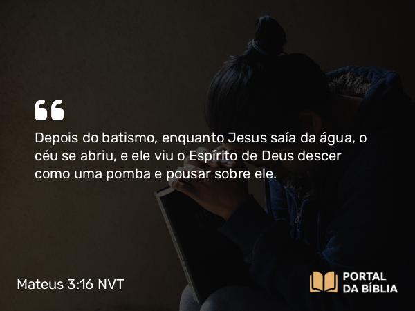 Mateus 3:16 NVT - Depois do batismo, enquanto Jesus saía da água, o céu se abriu, e ele viu o Espírito de Deus descer como uma pomba e pousar sobre ele.