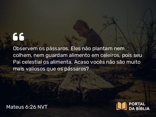 Mateus 6:26 NVT - Observem os pássaros. Eles não plantam nem colhem, nem guardam alimento em celeiros, pois seu Pai celestial os alimenta. Acaso vocês não são muito mais valiosos que os pássaros?