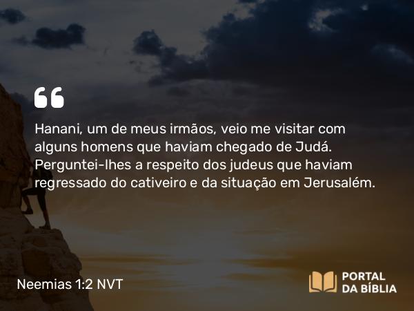 Neemias 1:2 NVT - Hanani, um de meus irmãos, veio me visitar com alguns homens que haviam chegado de Judá. Perguntei-lhes a respeito dos judeus que haviam regressado do cativeiro e da situação em Jerusalém.