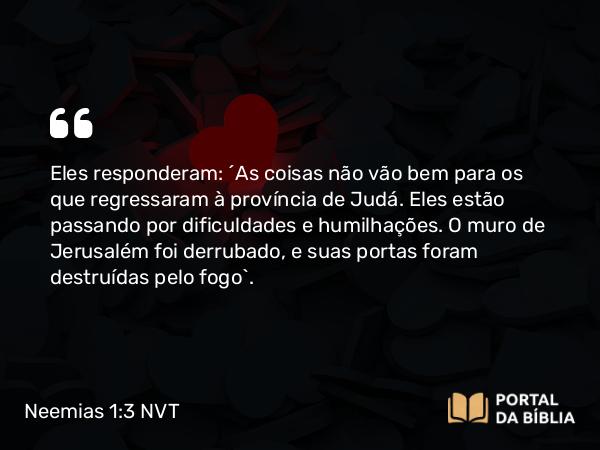 Neemias 1:3 NVT - Eles responderam: “As coisas não vão bem para os que regressaram à província de Judá. Eles estão passando por dificuldades e humilhações. O muro de Jerusalém foi derrubado, e suas portas foram destruídas pelo fogo”.