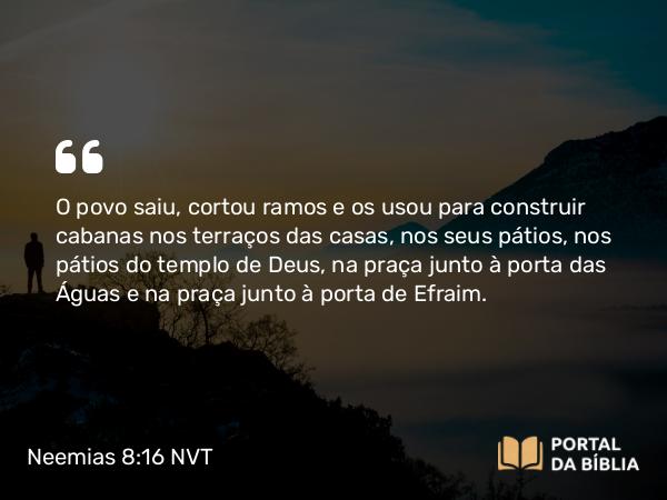 Neemias 8:16 NVT - O povo saiu, cortou ramos e os usou para construir cabanas nos terraços das casas, nos seus pátios, nos pátios do templo de Deus, na praça junto à porta das Águas e na praça junto à porta de Efraim.