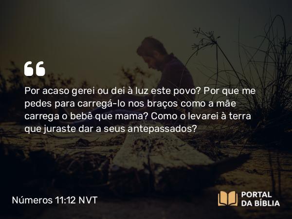 Números 11:12 NVT - Por acaso gerei ou dei à luz este povo? Por que me pedes para carregá-lo nos braços como a mãe carrega o bebê que mama? Como o levarei à terra que juraste dar a seus antepassados?