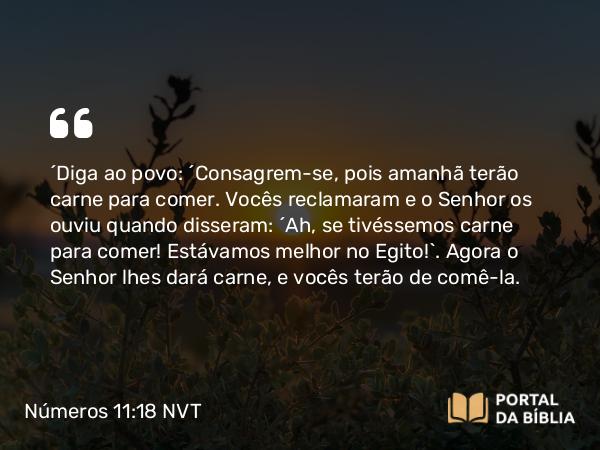 Números 11:18 NVT - “Diga ao povo: ‘Consagrem-se, pois amanhã terão carne para comer. Vocês reclamaram e o SENHOR os ouviu quando disseram: ‘Ah, se tivéssemos carne para comer! Estávamos melhor no Egito!’. Agora o SENHOR lhes dará carne, e vocês terão de comê-la.