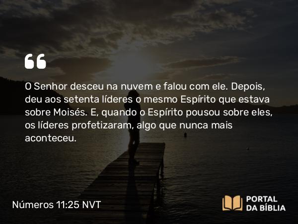 Números 11:25 NVT - O SENHOR desceu na nuvem e falou com ele. Depois, deu aos setenta líderes o mesmo Espírito que estava sobre Moisés. E, quando o Espírito pousou sobre eles, os líderes profetizaram, algo que nunca mais aconteceu.