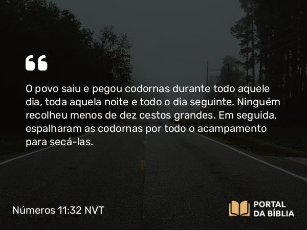 Números 11:32 NVT - O povo saiu e pegou codornas durante todo aquele dia, toda aquela noite e todo o dia seguinte. Ninguém recolheu menos de dez cestos grandes. Em seguida, espalharam as codornas por todo o acampamento para secá-las.