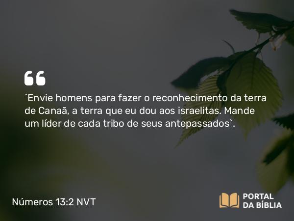 Números 13:2 NVT - “Envie homens para fazer o reconhecimento da terra de Canaã, a terra que eu dou aos israelitas. Mande um líder de cada tribo de seus antepassados”.