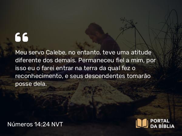 Números 14:24 NVT - Meu servo Calebe, no entanto, teve uma atitude diferente dos demais. Permaneceu fiel a mim, por isso eu o farei entrar na terra da qual fez o reconhecimento, e seus descendentes tomarão posse dela.