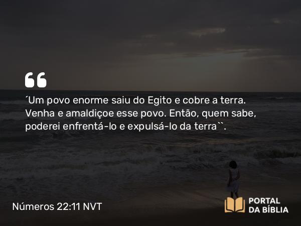 Números 22:11 NVT - ‘Um povo enorme saiu do Egito e cobre a terra. Venha e amaldiçoe esse povo. Então, quem sabe, poderei enfrentá-lo e expulsá-lo da terra’”.