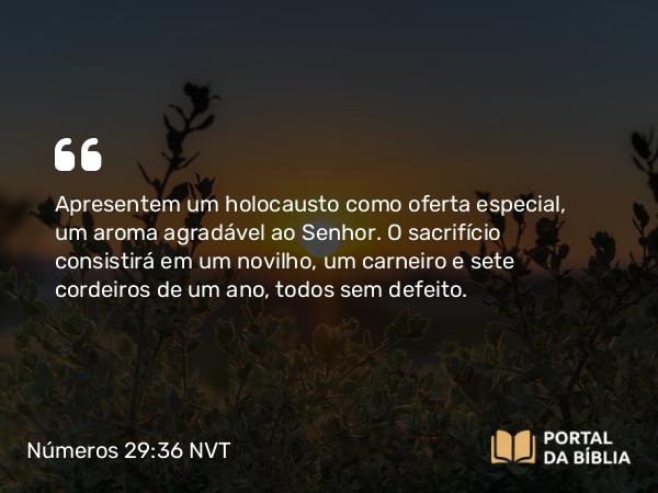 Números 29:36 NVT - Apresentem um holocausto como oferta especial, um aroma agradável ao SENHOR. O sacrifício consistirá em um novilho, um carneiro e sete cordeiros de um ano, todos sem defeito.