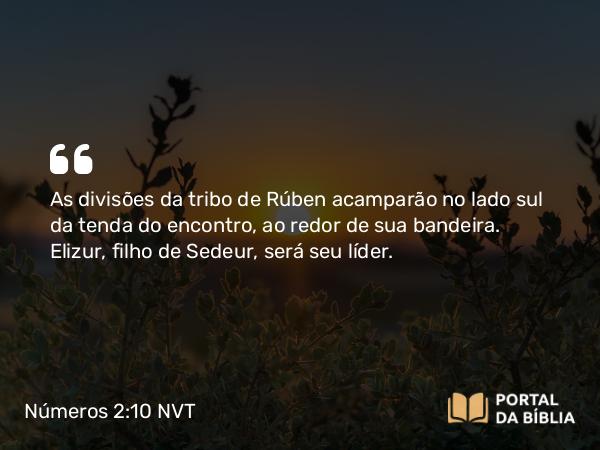 Números 2:10 NVT - As divisões da tribo de Rúben acamparão no lado sul da tenda do encontro, ao redor de sua bandeira. Elizur, filho de Sedeur, será seu líder.