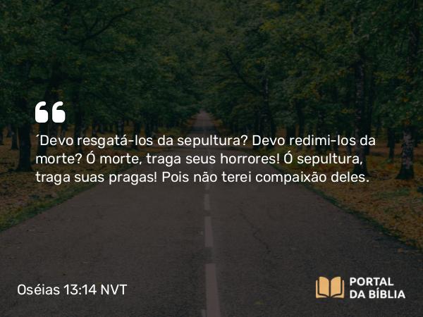 Oséias 13:14 NVT - “Devo resgatá-los da sepultura? Devo redimi-los da morte? Ó morte, traga seus horrores! Ó sepultura, traga suas pragas! Pois não terei compaixão deles.