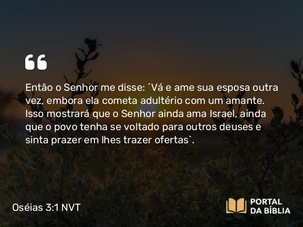 Oséias 3:1 NVT - Então o SENHOR me disse: “Vá e ame sua esposa outra vez, embora ela cometa adultério com um amante. Isso mostrará que o SENHOR ainda ama Israel, ainda que o povo tenha se voltado para outros deuses e sinta prazer em lhes trazer ofertas”.