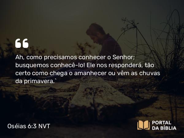 Oséias 6:3 NVT - Ah, como precisamos conhecer o SENHOR; busquemos conhecê-lo! Ele nos responderá, tão certo como chega o amanhecer ou vêm as chuvas da primavera.”