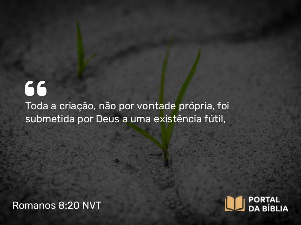 Romanos 8:20-22 NVT - Toda a criação, não por vontade própria, foi submetida por Deus a uma existência fútil,