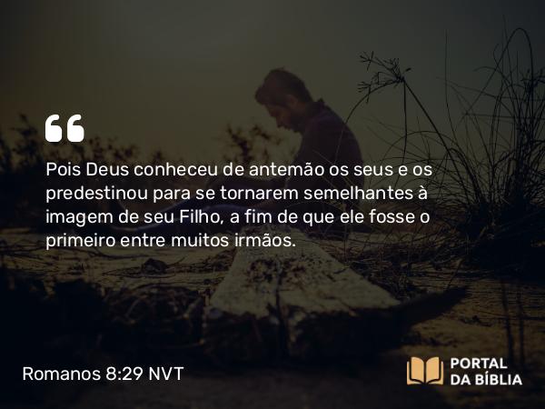 Romanos 8:29 NVT - Pois Deus conheceu de antemão os seus e os predestinou para se tornarem semelhantes à imagem de seu Filho, a fim de que ele fosse o primeiro entre muitos irmãos.