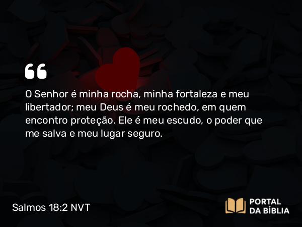 Salmos 18:2 NVT - O SENHOR é minha rocha, minha fortaleza e meu libertador; meu Deus é meu rochedo, em quem encontro proteção. Ele é meu escudo, o poder que me salva e meu lugar seguro.