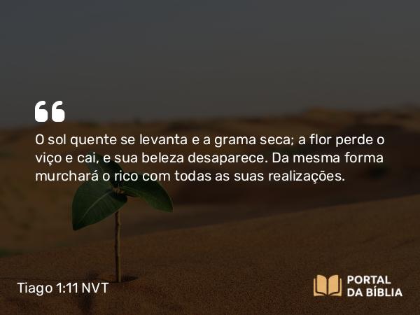 Tiago 1:11 NVT - O sol quente se levanta e a grama seca; a flor perde o viço e cai, e sua beleza desaparece. Da mesma forma murchará o rico com todas as suas realizações.