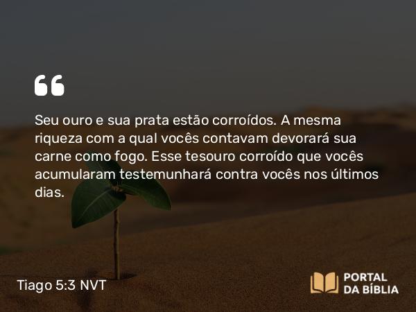 Tiago 5:3 NVT - Seu ouro e sua prata estão corroídos. A mesma riqueza com a qual vocês contavam devorará sua carne como fogo. Esse tesouro corroído que vocês acumularam testemunhará contra vocês nos últimos dias.