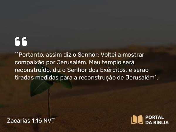 Zacarias 1:16 NVT - “‘Portanto, assim diz o SENHOR: Voltei a mostrar compaixão por Jerusalém. Meu templo será reconstruído, diz o SENHOR dos Exércitos, e serão tiradas medidas para a reconstrução de Jerusalém’.