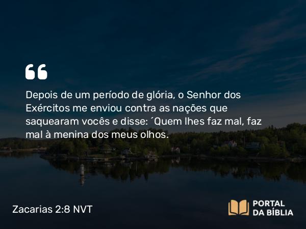 Zacarias 2:8-9 NVT - Depois de um período de glória, o SENHOR dos Exércitos me enviou contra as nações que saquearam vocês e disse: “Quem lhes faz mal, faz mal à menina dos meus olhos.